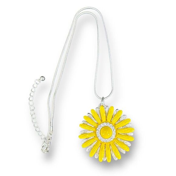 Sunflower Enamel with Rhinestone Pendant Snake Chain Silver Plated Necklace - Picture 2 of 7